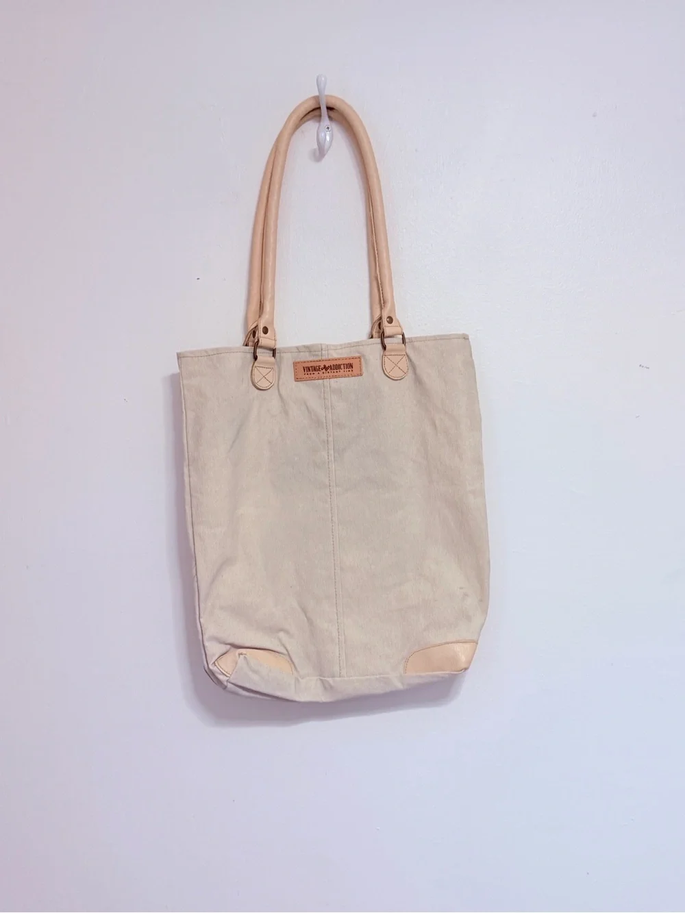 Vintage Addiction Canvas Tote Bag with Patch Accent in Beige new with tags!